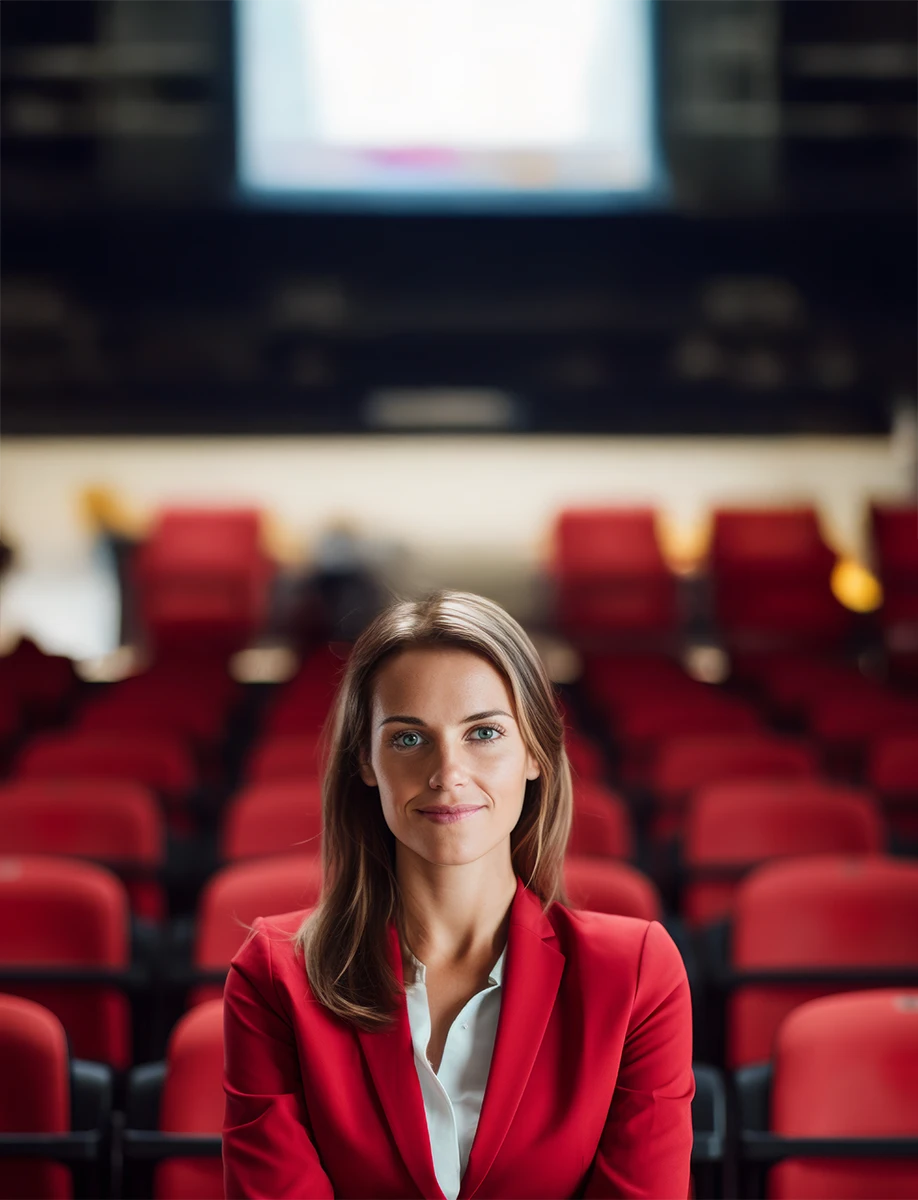 kobieta w czerwonej garsonce na tle czerwonych krzeseł